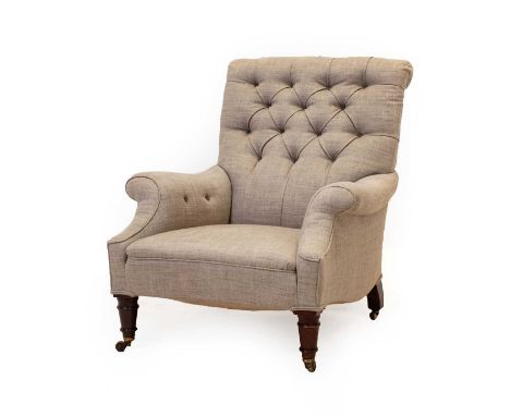 A Late Victorian Upholstered Armchair, late 19th century, the rear legs stamped and numbered B654, recovered in light-grey bu