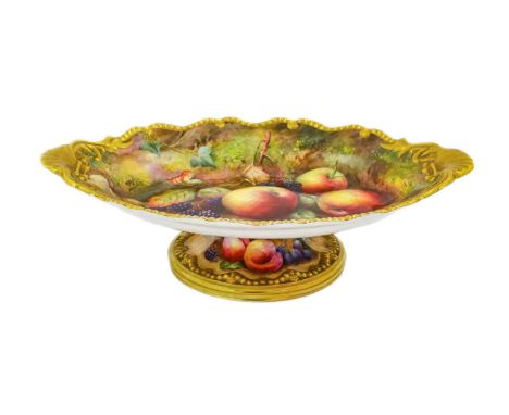 A Royal Worcester Porcelain Pedestal Dish, 1930, of shaped oval form with shell handles and circular foot, painted with still