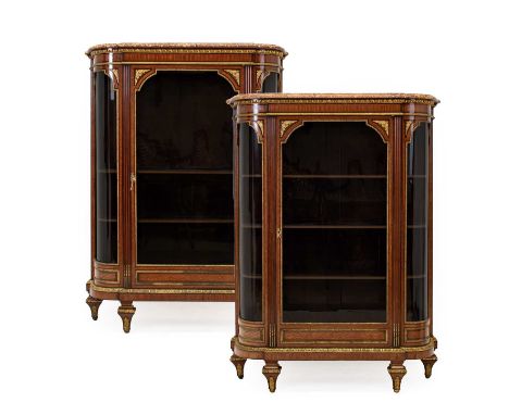 A Good Pair of Louis XV/Transitional Style Rosewood, Kingwood, Amaranth and Tulipwood-Banded Vitrines, late 19th century, wit