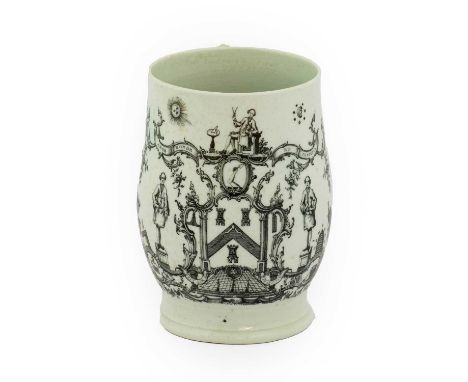 A Longton Hall Porcelain Mug, circa 1760, of ovoid form with turned foot and scroll handle, printed in black by John Sadler o