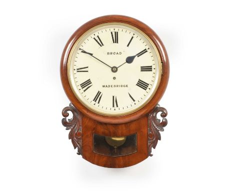 A Mahogany Drop Dial Wall Timepiece, signed Broad, Wadebridge, circa 1880, side and bottom doors, trunk with carved scroll si