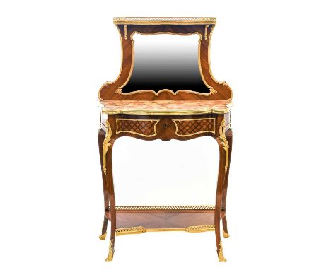 A French Louis XV Style Kingwood and Parquetry-Decorated Small Console Table, late 19th century, of unusual form, the small s