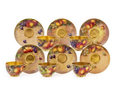 A Matched Set of Five Royal Worcester Porcelain Teacups and Six Saucers, 1949 and later, painted with still lifes of fruit on
