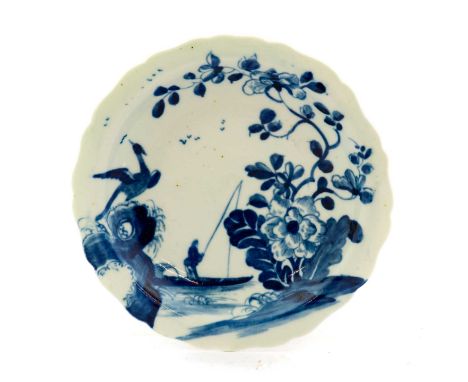 A Worcester Porcelain Finger Bowl Stand, circa 1756, of shaped circular form, painted in underglaze blue with the Cormorant p