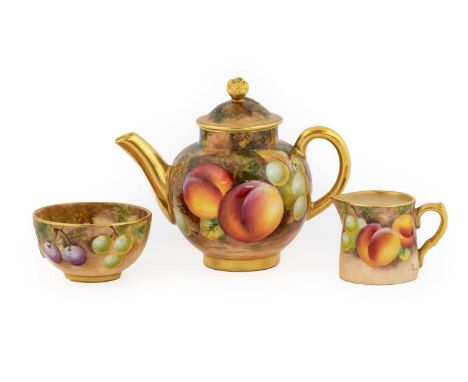 A Royal Worcester Porcelain Miniature Three Piece Tea Service, by Roberts, 2nd half 20th century, painted with still lifes on