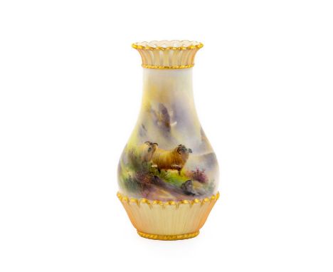 A Royal Worcester Porcelain Vase, by Harry Davis, 1909, of baluster form with pierced upper rim, painted with sheep in a mist