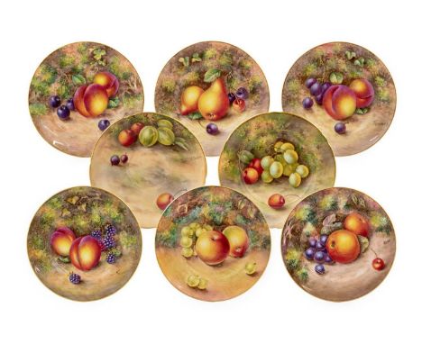 A Matched Set of Six Royal Worcester Porcelain Tea Plates, 1954 and later, painted with still lifes of fruit on a mossy groun