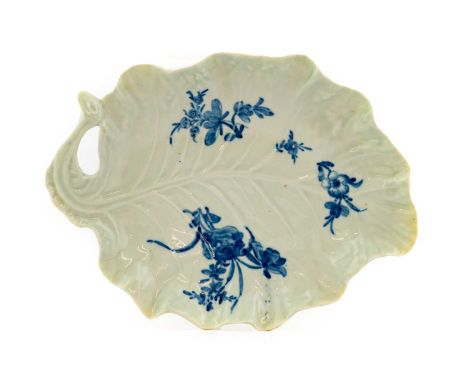 A Worcester Porcelain Leaf-Moulded Dish, circa 1758, painted in underglaze blue with the Rose and Floral Sprays pattern, work