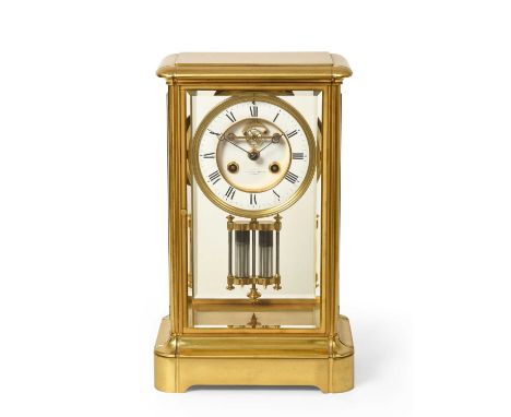 A Brass Four Glass Striking Mantel Clock, retailed by Martin, 5 Regent Street, London, circa 1890, case with four bevelled gl