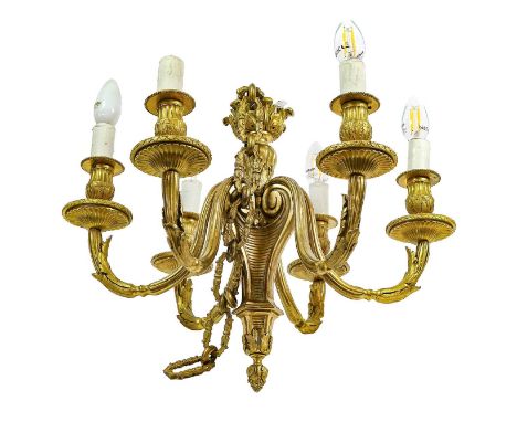 A Gilt Metal Six-Light Chandelier, in Louis XV style, with central vase and tricorn column issuing scrolling branches with fl