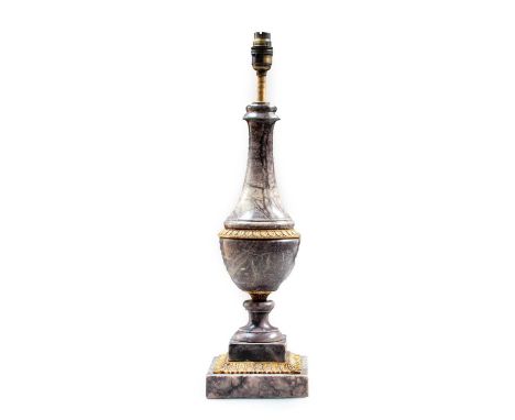 A Gilt Metal Mounted Breche Violette Marble Lamp Base, in Louis XVI style, of baluster form with cast stiff-leaf borders on s