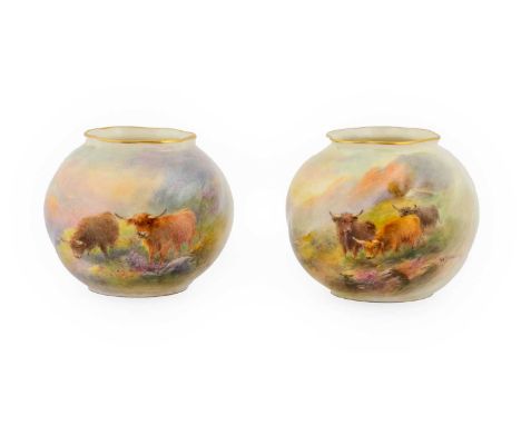 A Matched Pair of Royal Worcester Porcelain Vases, by Harry Stinton, 1929 and 1935, of wrythen ovoid form, painted with highl
