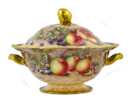A Royal Worcester Style Porcelain Soup Tureen and Cover, painted by David Bowkett, circa 1974, of shaped circular form with a