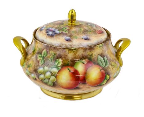 A Royal Worcester Style Porcelain Tureen and Cover, by David Bowkett, circa 1979, of cushion circular form with loop handle a
