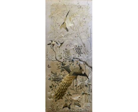 A Chinese Embroidered Silk Panel, Qing Dynasty, worked in colours and metal threads with peacocks amongst flowering branches1