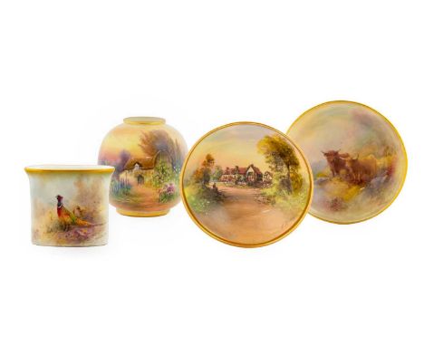 A Royal Worcester Porcelain Small Dish, by Harry Stinton, circa 1935, of circular form, painted with highland cattle in a mis