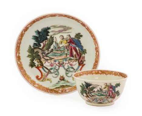 A Chinese Porcelain European Subject Tea Bowl and Saucer, mid 18th century, painted in famille rose enamels with Diana and an