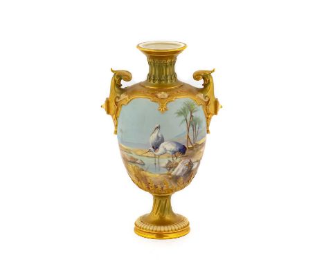 A Royal Worcester Porcelain Twin-Handed Vase, by William Powell, circa 1909, of baluster form, painted with cranes watering a