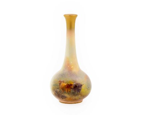 A Royal Worcester Porcelain Bottle Vase, by Harry Stinton, 1926, of ovoid form with tall tapering neck, painted with highland