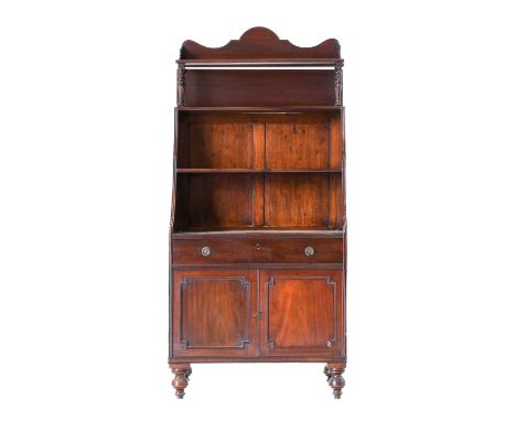 A Mahogany Waterfall Bookcase Cabinet, the associated top section with three-quarter gallery and spindle supports, with two s