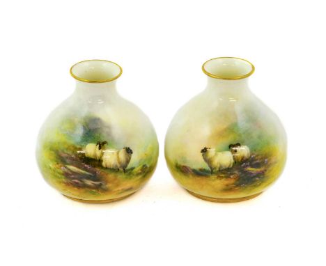 A Pair of Royal Worcester Porcelain Vases, by Ernest Barker, 1912, of ovoid form with flared necks, painted with sheep in mis