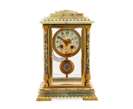 A Green Onyx and Champleve Enamel Striking Mantel Clock, retailed by Dantenez, Paris, circa 1900, multi coloured champleve en