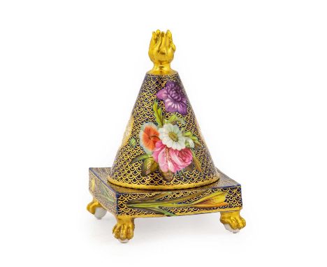 A Spode Porcelain Pastille Burner, circa 1815, of conical form with flamiform finial, on square base with paw feet, painted w