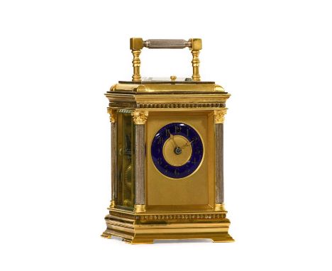 A Small Brass and Silver Gilt Striking and Repeating Carriage Clock, signed Gay Lamaille, circa 1890, carrying handle and rep