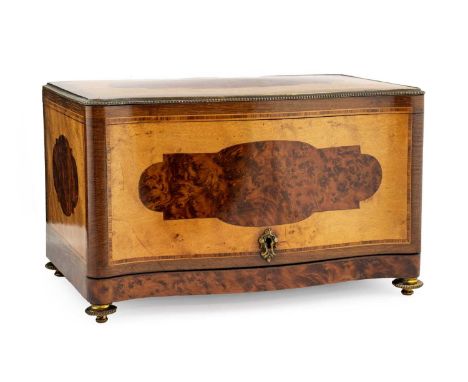 A French Gilt Metal Mounted Amboyna and Maple Cigar Humidor, 2nd half 19th century, of serpentine fronted rectangular form, t