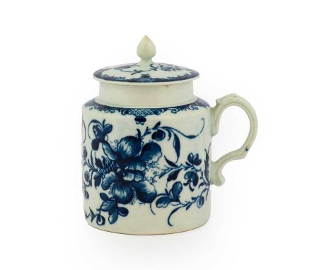 A Worcester Porcelain Honey Pot and Cover, circa 1765, of shouldered cylindrical form with loop handle and conical knop, pain