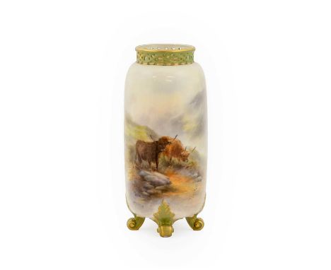 A Royal Worcester Porcelain Vase, by Harry Stinton, 1909, of baluster form with pierced neck, painted with highland cattle in