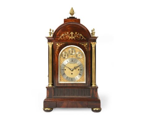 A Rosewood and Brass Inlaid Quarter Chiming Table Clock, signed Rood &amp; Co, Burlington Arcade, circa 1890, arched pediment