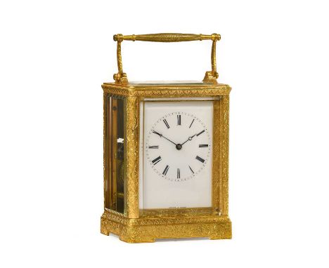 A Brass Engraved Striking Carriage Clock, signed Auguste A Paris, circa 1860, the elaborately scroll and floral engraved case