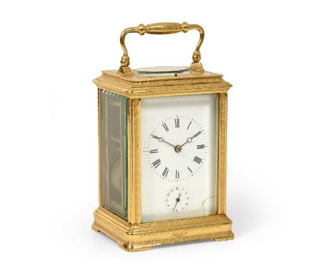 A Brass Engraved Grande Sonnerie Striking Alarm Carriage Clock, circa 1890, carrying handle and repeat button, engraved swag 