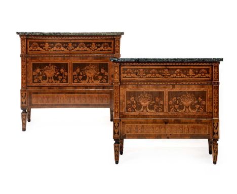 A Pair of Milanese Neoclassical Walnut and Marquetry-Inlaid Commodes, in the manner of Giuseppe Maggiolini, each with verde a