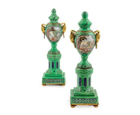 A Pair of South Staffordshire Enamel Cassolettes, circa 1770, of urn shape with gilt goat's mask handles, the reversible tops