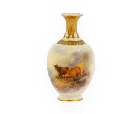 A Royal Worcester Porcelain Vase, by Harry Stinton, 1924, of ovoid form with trumpet neck, painted with cattle in highland la