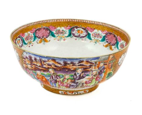 A Chinese Porcelain Punch Bowl, Qianlong, painted in famille rose enamels with figures in landscape within panelled diaper bo