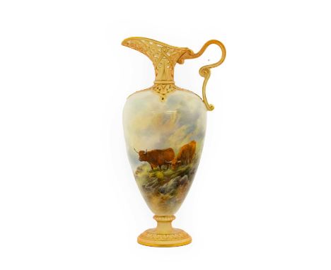 A Royal Worcester Porcelain Ewer, by John Stinton, 1910, of baluster form with reticulated neck and scroll handle, painted wi