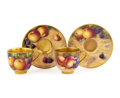 A Pair of Royal Worcester Porcelain Cabinet Cups and Saucers, by Roberts &amp; Freeman, 1952, painted with still lifes of fru