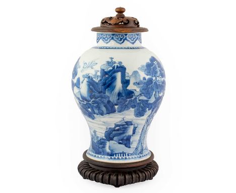 A Chinese Porcelain Baluster Jar, Kangxi, painted in underglaze blue with deer and birds in a mountainous river landscape wit