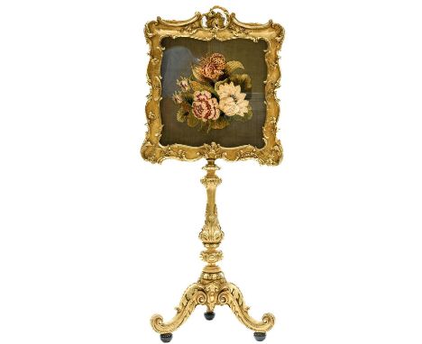A Victorian Gilt and Gesso Firescreen, mid 19th century, the floral wool work panel within an acanthus decorated C scroll fra