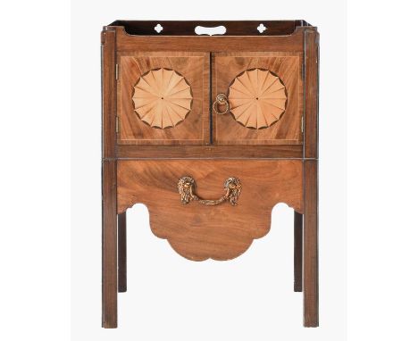 A George III Mahogany and Marquetry-Inlaid Bedside Commode, late 18th century, the tray top above two inlaid cupboard doors a