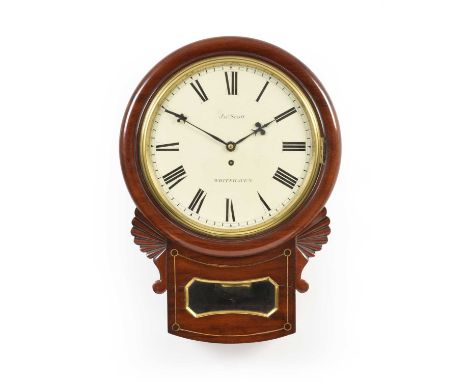 A Mahogany Drop Dial Wall Timepiece, signed Jno Scott, Whitehaven, circa 1870, side and bottom doors, trunk with carved shell