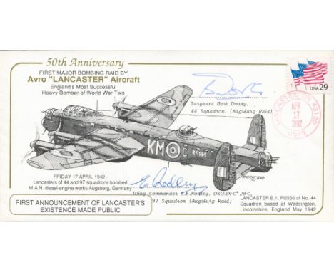 50th Anniv 1st Major Bombing Raid Lancaster Signed B A Dowty and E Rodley Crew 17 Ap 92 Lancaster OH 43130 USPS Postmark 50th