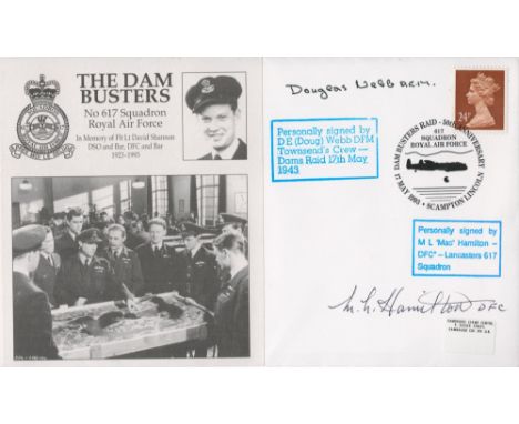 WW2 Mac Hamilton DFC and Doug Webb DFM Signed The Dambusters FDC. 7 of 40 Covers Issued. British 24p Stamp with Dams Raid 17 