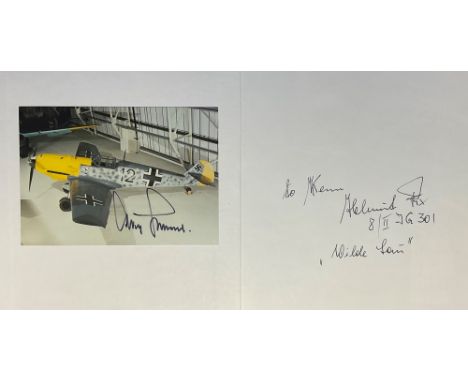 WW2 Adolf Galland Signed Photo attached to German Aircraft of WW2 Hardback Book by Christopher Shepherd. Also Signed by one o