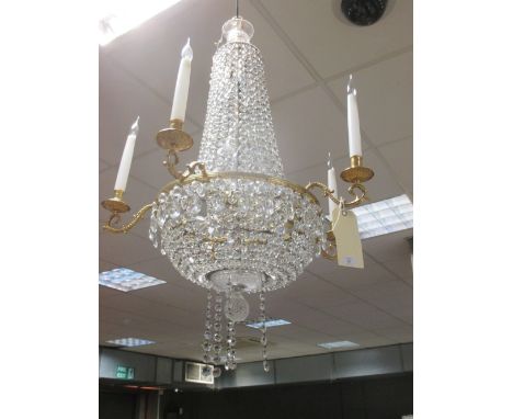 A five branch cut glass lustre bag chandelier, 85cm drop  