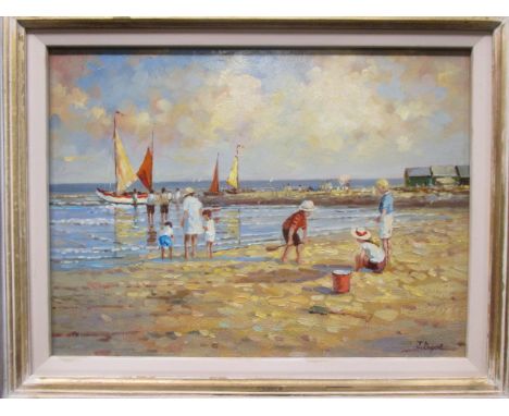 J Dupont (20th Century), Children playing on the beach, signed "J Dupont" lower right, oil on board, 29 x 39 cm  