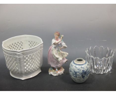 A Dresden figure, Italian planter, 18th century Chinese blue and white jar and an Orrefors glass bowl (4)  